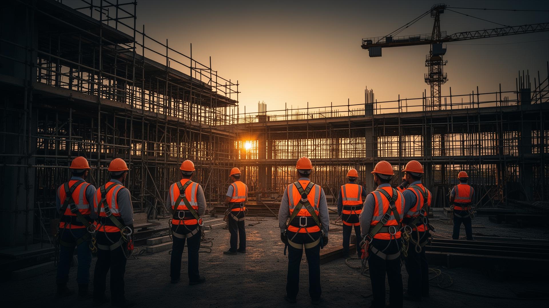 Equipe de trabalhadores em canteiro de obra com equipamentos de segurança